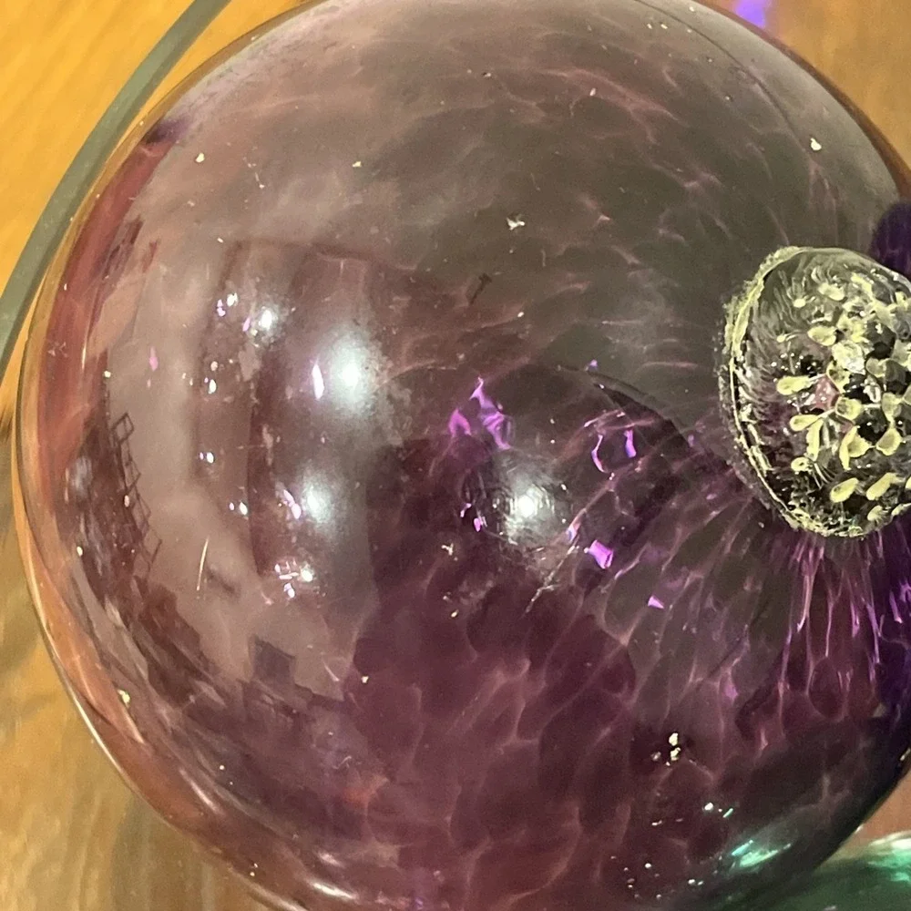 Lot Of 3 Vintage Hand Blown Green Purple Glass Fishing Net Ball Floats Japanese